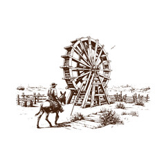 Vintage illustration of a man riding a donkey next to a water wheel