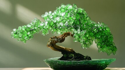 A bonsai tree with leaves made of green plastic fragments, nature-tech paradox