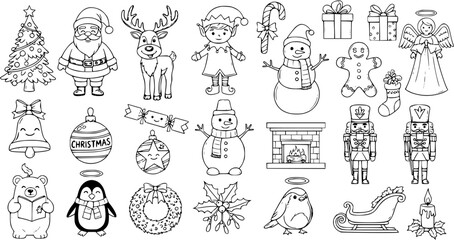 Naklejka premium Christmas Holiday Line Art Collection for Kids: Festive Black and White Coloring Page Elements featuring Santa, Reindeer, Elf, Snowman, Tree, Gifts, and more.