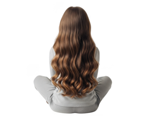 Young girl with long wavy brown hair sitting with legs crossed viewed from behind isolated on transparent background