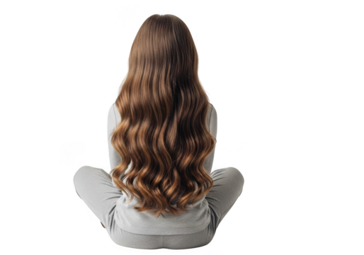 Young girl with long wavy brown hair sitting with legs crossed viewed from behind isolated on transparent background