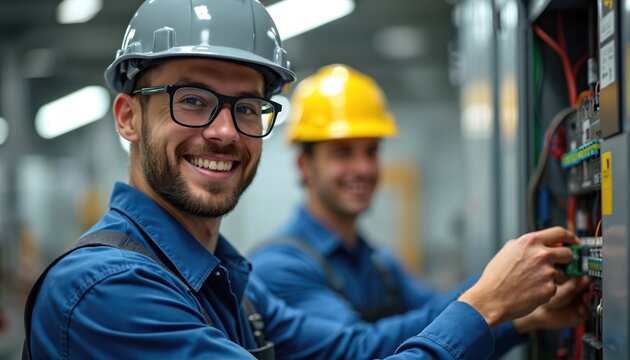 Two young electricians, wearing helmets and uniforms, smile while working on an electrical panel with wires and components. They are learning skills for a future career in vocational training.