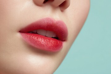 Obraz premium Fresh Korean Gradient Lip Look on Pastel Blue Backdrop 