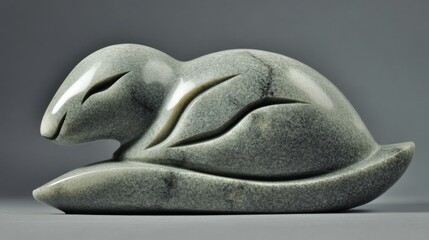 Inuit soapstone carving of a spirit animal, smooth and flowing lines, stone imbued with the texture of frozen mist, arctic light