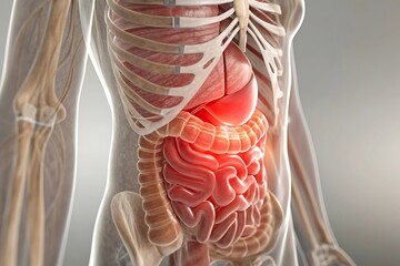 a detailed anatomical illustration showcases the human torso highlighting the ribcage stomach intestines and other internal organs in a translucent view