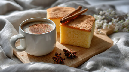 Rich hot coffee served in a ceramic cup beside a moist chocolate cake slice with dripping chocolate glaze, warm cozy dessert scene with soft bokeh lights, perfect for caf&eacute; and food styling themes