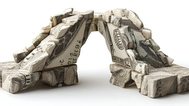 A creative sculpture of crumpled dollar bills forming a bridge, symbolizing financial connections and challenges