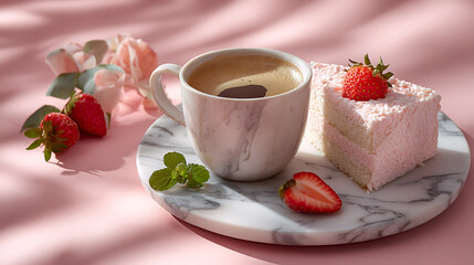 Rich hot coffee served in a ceramic cup beside a moist chocolate cake slice with dripping chocolate glaze, warm cozy dessert scene with soft bokeh lights, perfect for caf&eacute; and food styling themes