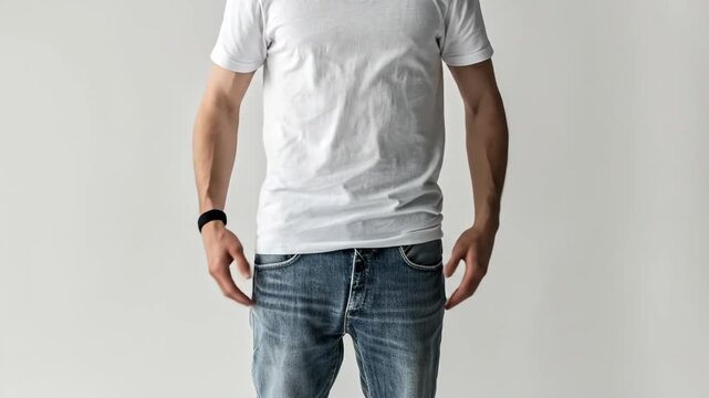 A person wearing a plain white t-shirt and blue jeans, standing against a light background.