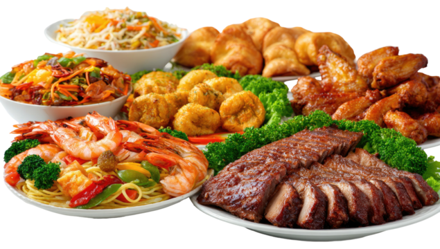 A spread of various savory dishes and seafood is presented