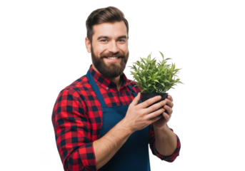 Smiling bearded man wearing a plaid shirt and apron holding a potted green plant isolated on transparent background