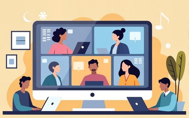 Online video call concept, virtual conference with team of remote workers, computer screen, working from home, a group of men and women colleagues have meeting, web communication. Vector illustration