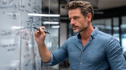 Business professional brainstorming ideas on a glass board in a modern office with charts and graphs