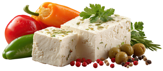 Rich feta cheese with colorful peppers, olives, and herbs