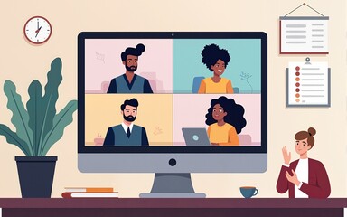 Online video call concept, virtual conference with team of remote workers, computer screen, working from home, a group of men and women colleagues have meeting, web communication. Vector illustration