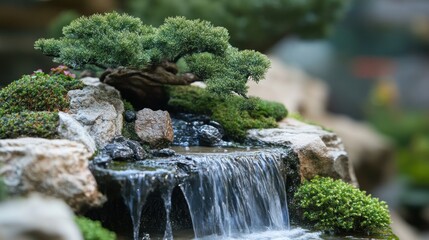 Miniature waterfall in a bonsai landscape, perfectly scaled rocks and trees, artistic composition
