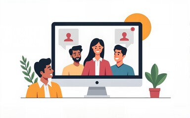 Online video call, remote business meeting with team. Virtual work communication concept. People colleagues talking through internet at distance. Flat vector illustration isolated on white background