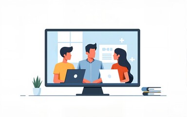 Online video call, remote business meeting with team. Virtual work communication concept. People colleagues talking through internet at distance. Flat vector illustration isolated on white background