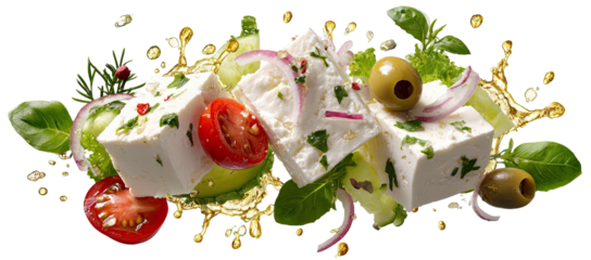 Feta cheese cubes with tomatoes, olives, onions, herbs, and olive oil splash