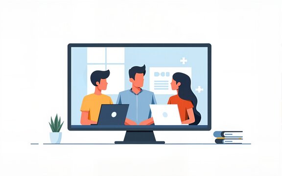 Online video call, remote business meeting with team. Virtual work communication concept. People colleagues talking through internet at distance. Flat vector illustration isolated on white background