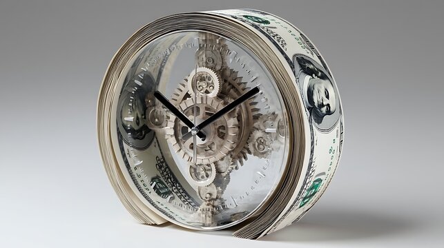 Unique clock design made from rolled dollar bills, showcasing intricate mechanics and elegant display