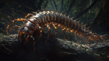 Centipede, its segments like interlocking pieces of dark, weathered wood, legs like thorny vines, surreal enchanted forest texture, dim, mysterious lighting