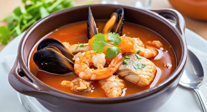 Traditional Peruvian Parihuela Soup Filled with Fresh Coastal Seafood and Zesty Broth