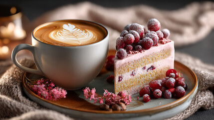 Creamy matcha latte with beautiful latte art served in a ceramic cup beside a pistachio cake slice topped with raspberry, elegant minimalist dessert setup on bright background for caf&eacute; and food stylin