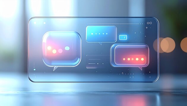 Futuristic transparent glass chat interface with glowing message bubbles - Powered by Adobe