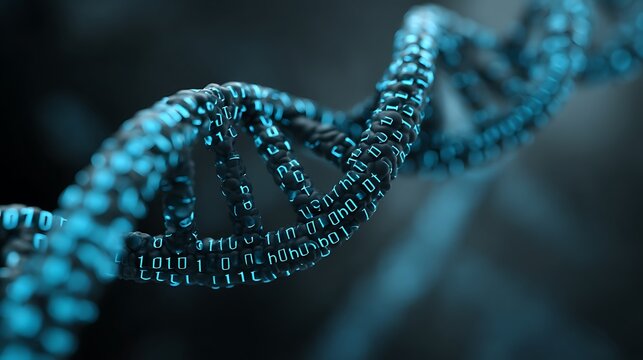 Close-up view of a digital DNA strand composed of binary code, set against a soft-focus background