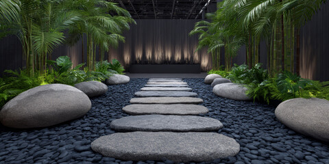 Serene garden path with stepping stones, lush greenery, and smooth rocks in a tranquil setting