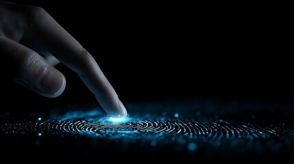 A close-up of a human finger touching a glowing fingerprint pattern on a dark background, symbolizing technology