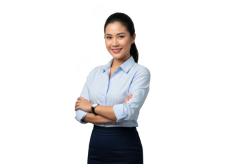 Professional asian woman in white collared shirt and dark skirt with arms crossed smiling confidently isolated on transparent background