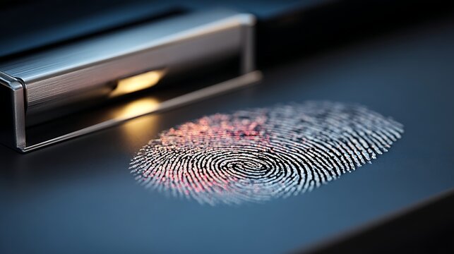 Close-up of a fingerprint scanner on a sleek surface, highlighting security technology in a modern setting
