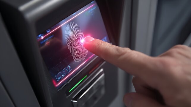 Close-up of a finger scanning a fingerprint on a biometric ATM screen, with a blurred urban background - Powered by Adobe