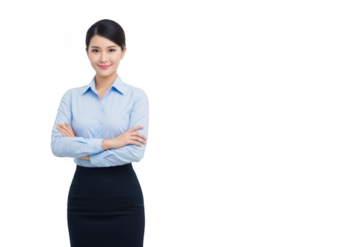Professional asian woman with arms crossed wearing a light blue collared shirt and dark skirt isolated on transparent background