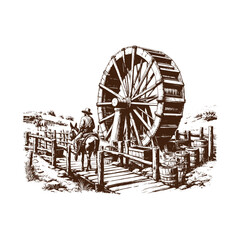 Man riding donkey near a noria isolated on