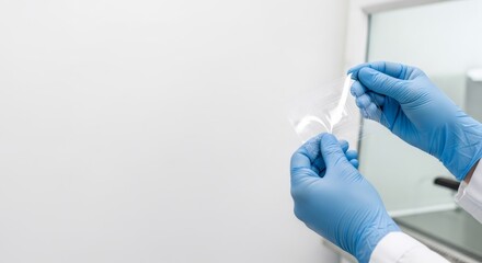 Biologist scientist holding transparent biopolymer film with microcircuit. Biotechnological research and development of medical implants and tissue engineering.