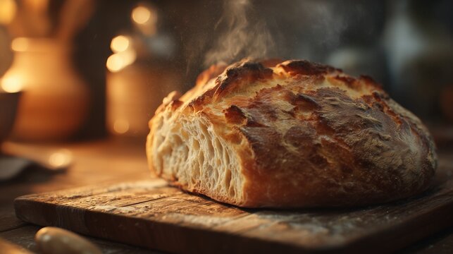 Freshly baked artisan bread loaf resting on wooden cutting board with warm kitchen ambiance
