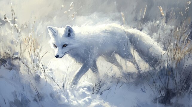 Arctic fox, its winter coat thick and white like fresh snowdrift, blending into an implied snowy landscape, crisp, cold light