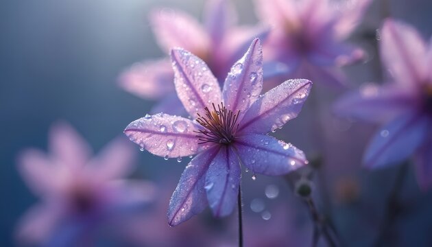 Purple clematis flower wet with dew drops after rain. Close-up macro shot shows delicate petals glistening. Soft light on floral blossom creates serene garden mood for nature themes.