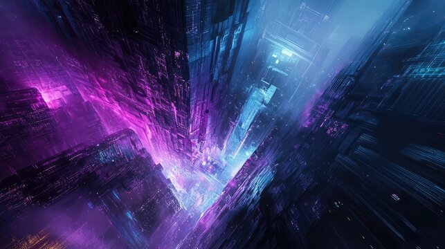 Futuristic cityscape with glowing neon lights and abstract architecture