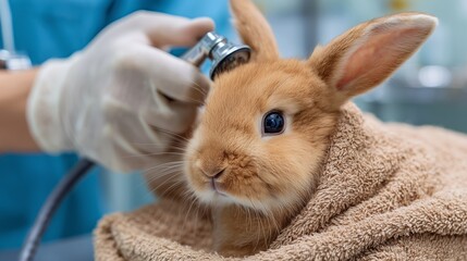 Adorable rabbit receiving veterinary care in a clinic with soft towels and medical equipment