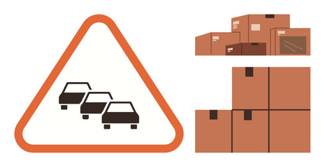 Traffic warning sign with cars inside triangular frame paired with stacks of cardboard boxes. Ideal for logistics, transportation, delivery, road safety, supply chain, e-commerce, project planning