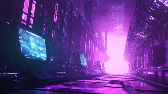 Futuristic cyberpunk corridor glowing with neon light and digital screens - Powered by Adobe