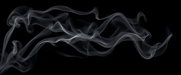 Wispy, grey smoke swirling against a stark black background, incense, delicate