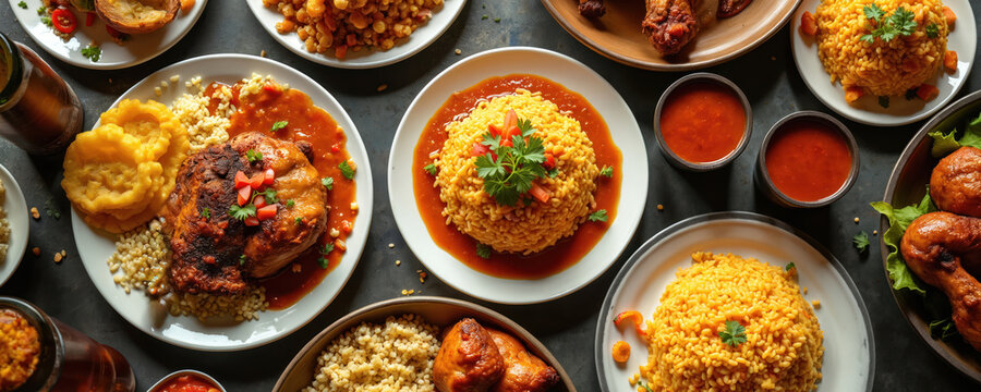 Plates of Peruvian food featuring rice, chicken, and sauces. A spread of delicious gourmet comfort dishes, perfect for restaurant menus and food blogs. Rich flavors and vibrant presentation.
