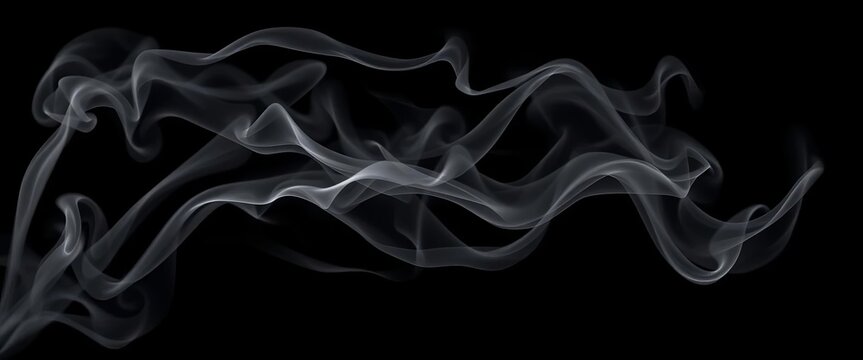 Wispy, grey smoke swirling against a stark black background,  incense,  delicate