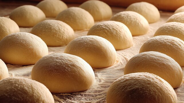 Freshly prepared dough balls arranged on a wooden surface with flour dusting for baking
