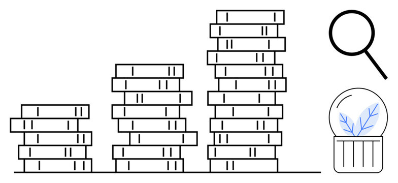 Stacks of books arranged in increasing height symbolize growth, knowledge, and progress. A magnifying glass and plant in a jar convey analysis, discovery, and sustainability. Ideal for education